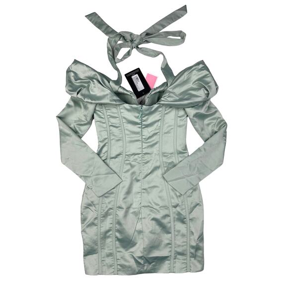 Pretty Little Thing - Constructed Satin Draped Bardot Bodycon Dress in Sage - Picture 4 of 5